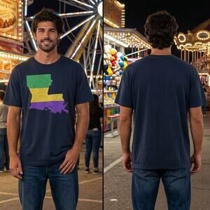 Mardi Gras Louisiana Map Shirt Mens 2XL Black Short Sleeve Graphic Tee 52